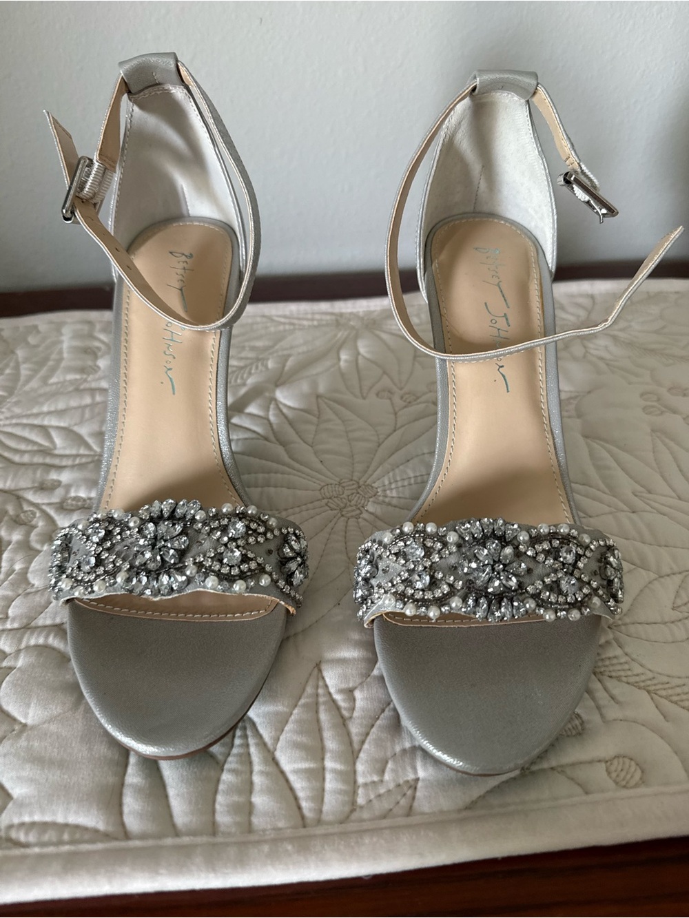 Betsey Johnson Silver Beaded Ankle-Strap Heels